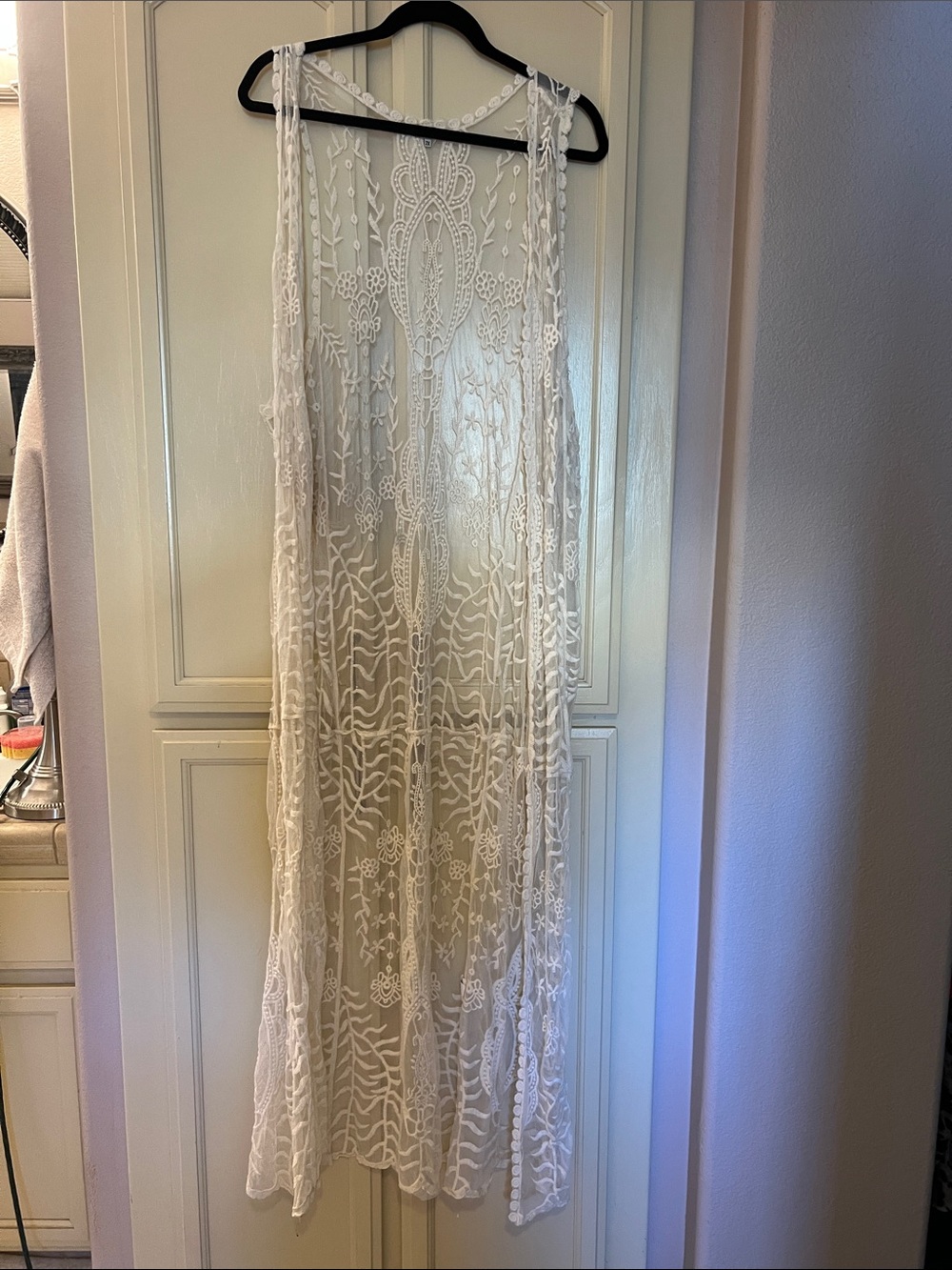 Embroidered Sheer Lace Duster Vest — White